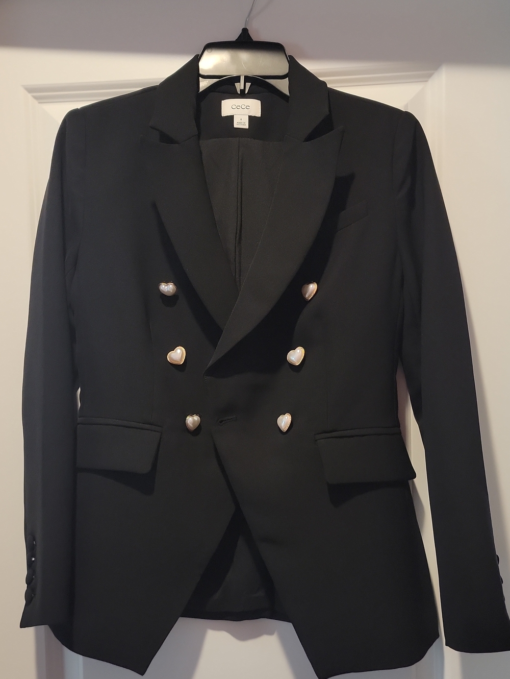 CeCe Black Double-Breasted Blazer with Pearl Heart Buttons